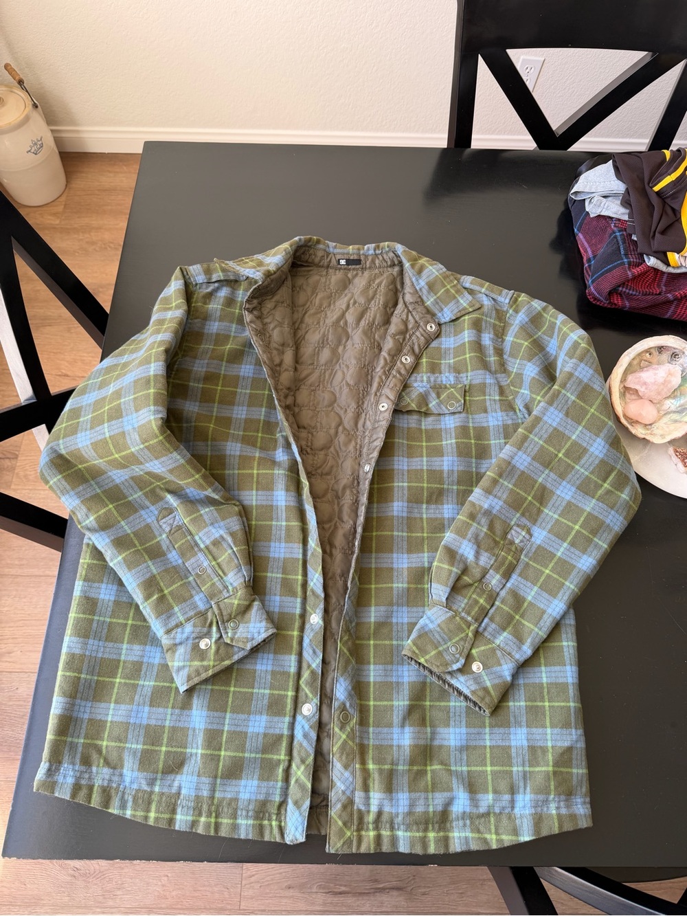 DC Olive Green and Light Blue Plaid Quilted-Lined Shirt Jacket